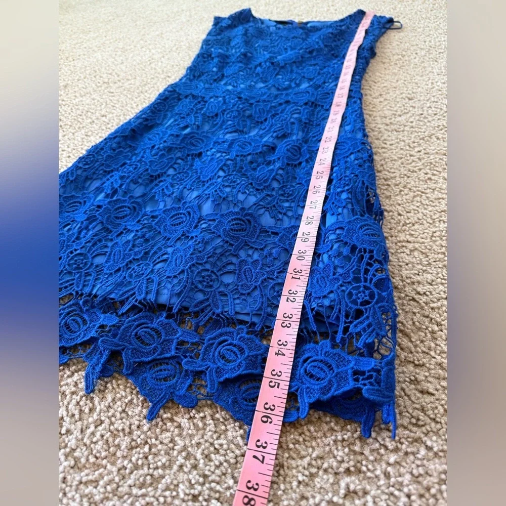 Mango Suit Royal Blue Floral Lace Sheath Dress Scalloped Hem Size 4 - Picture 7 of 11